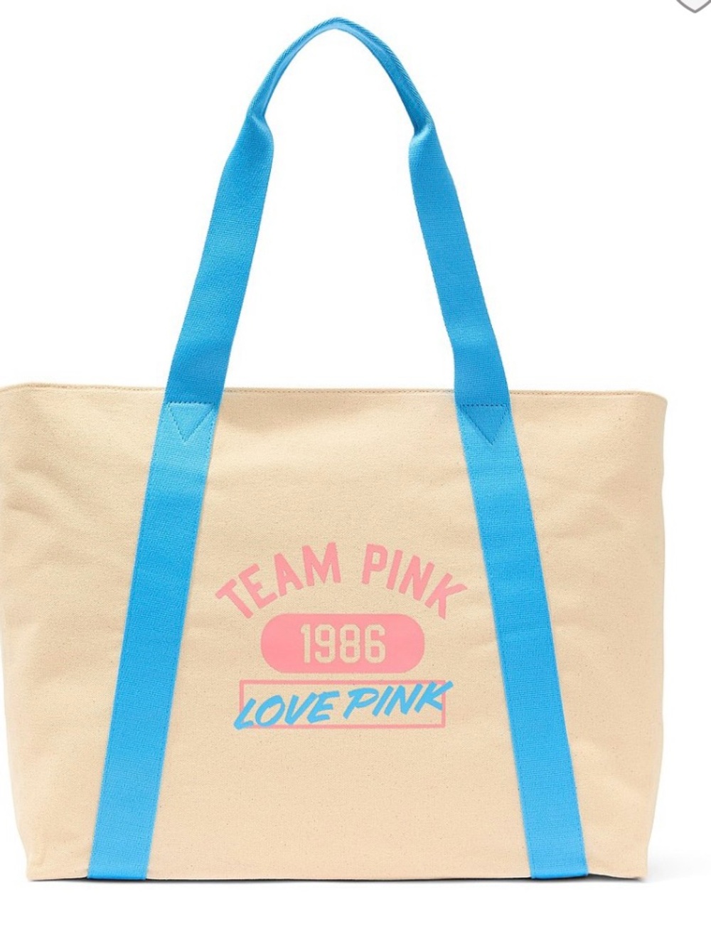 Victoria's Secret Beige Canvas Tote with Bright Blue Straps and Pink Logo